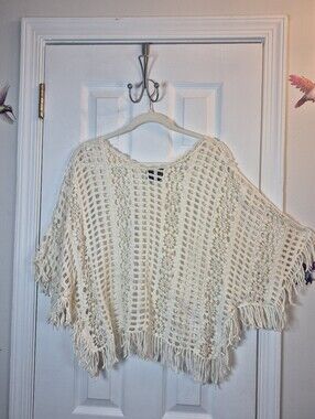 Step In Style Cream Crochet Fringe Poncho Top Open Knit Cover UP OS